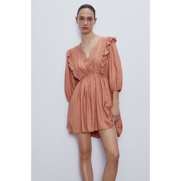 ZARA Blogger’s Favorite Marsala Lace Guipure Ruffled Balloon Sleeve Mini Dress - Picture 1 of 16